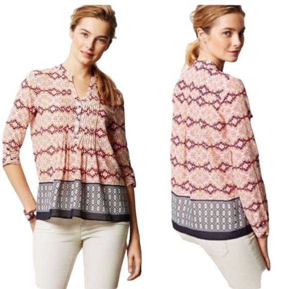 Anthropologie HD in Paris Kaveri patterned Henley blouse with adjustable sleeves - Picture 1 of 11